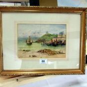 A framed and glazed watercolour 'Boats in fishing cove' initialled W S B, frame 45 x 34cm, image