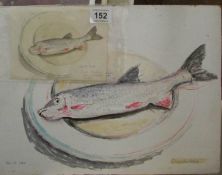 An oil on board and a small watercolour entitled 'Chub, Medway, Edmund's second big fish' 1944 and