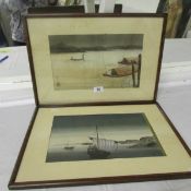 2 Oriental river scene pictures, one signed, one missing glass, frames 50 x 36cm, images 34,5 x