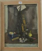 An oil on board 'Microscope', unsigned but attributed to Franklin White, framed 60 x 50cm, image