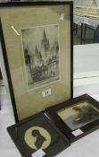 A signed engraving of Truro Cathedral, A Silhouette and an oil on board