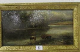 A 19th century oil on board 'Cattle in River', D Hap, frame 49.5 x 28.5cm, image 41 x 21cm