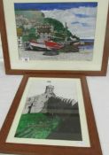 2 pen, ink and watercolour studies of Runswick and Lincoln castle, Dennis Wooddin