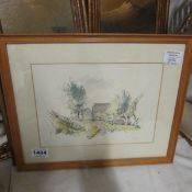 A framed watercolour country track with farm, titled, signed and dated 25/01/60