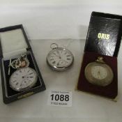 2 silver pocket watches and a gold plated watch