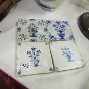 4 18/19th century hand painted blue and white tiles