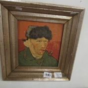 A Van Gogh portrait print with gallery lable and title on back