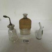 A silver flask, silver topped atomiser and silver rimmed pipe a/f