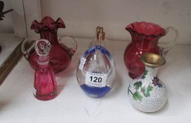 A cranberry glass vase, jug, scent bottle, Bohemian 'dump', perfume spray and Cloissonne vase