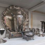 A silver plate cocktail shaker, goblets, tray etc