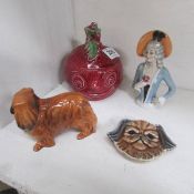 A Sylvac beetroot pot, Doulton Pekinese, Wade pin tray and pin cushion doll