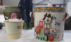 A Losolware biscuit barrel and a handpainted Paragon jampot