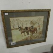 A signed watercolour of plough horses