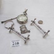 A mixed lot including silver pocket watch, plated knife rests etc