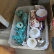 A tray of mixed china included green woodpecker, vases etc