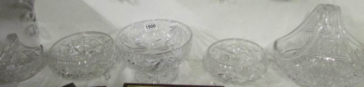 3 cut glass bowls and 2 cut glass baskets