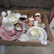 A box of china including Burleigh, character jugs, Bunnikins