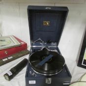 A HMV picnic gramaphone with blue case