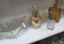 An Art Deco fruit bowl, Amber glass jar, decanter and atomiser