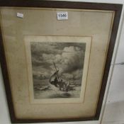 A framed and glazed etching of sailing boat signed on back