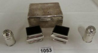 A silver cigarette box and 2 pairs of silver salts