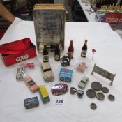 A mixed lot including boxed Corgi tyres, miniature beer bottles, weights etc