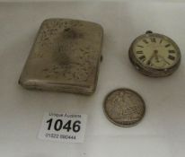 A silver pocket watch, a/f, A cigarette case and a 1900 crown
