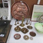A large copper indian tray and quantity of brassware etc