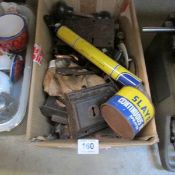 A box of old locks, tools etc