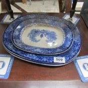 3 oval blue and white platters