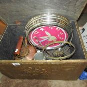 A log box and contents including copper kettle etc