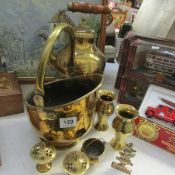 A mixed lot of brassware including scuttle, kettle etc