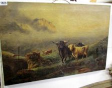 An oil on canvas of highland cattle signed J W Crampton, a/f