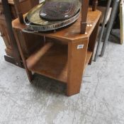 A military issue 2 tier oak side table stamped with serial numbers and arrows