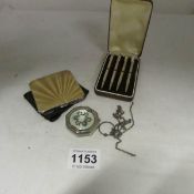 A silver compact, a bridge pencil set and silver compact with chain (chain a/f)