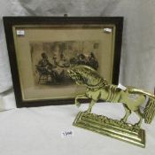A brass horse doorstop and a 19C etching of an inn scene