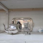 A plated teapot, toast rack and tray