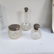 2 cut glass silver scent bottles and a silver topped pot