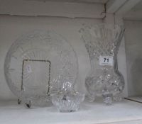 A cut glass vase, bowl and small basket