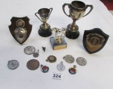 A quantity of sport trophies and medals, some silver