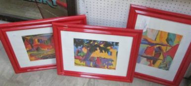 3 red framed modern pictures signed Gerry Baptist