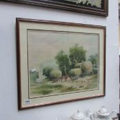 A framed watercolour, farming scene signed James