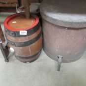 A wooden barrel, china barrel and copper boiler