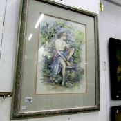 A framed watercolour of a young woman signed Frances Boxall
