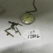 An unmarked silver pocket watch with chain and T bars, a/f