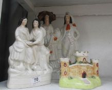 2 Staffordshire figure and Staffordshire castle, all a/f