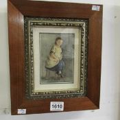 An English Mid-Victorian watercolour portrait of a young girl banished to the 'naughty stool',