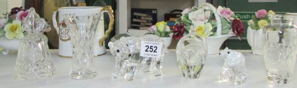 2 small cut glass vases, glass bell, 2 acrylic polar bears etc