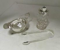 A silver sauce boat, silver sugar tongs and silver topped jar (159gms without pot)