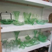 A large quantity of green glass including Deco (2 shelves)